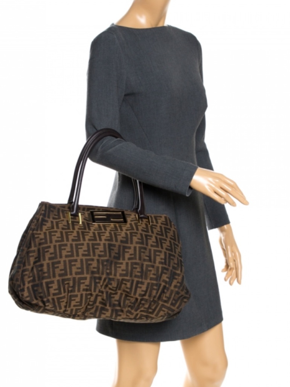Fendi Brown Zucca Pattern Shoulder Bag with Logo Plaque